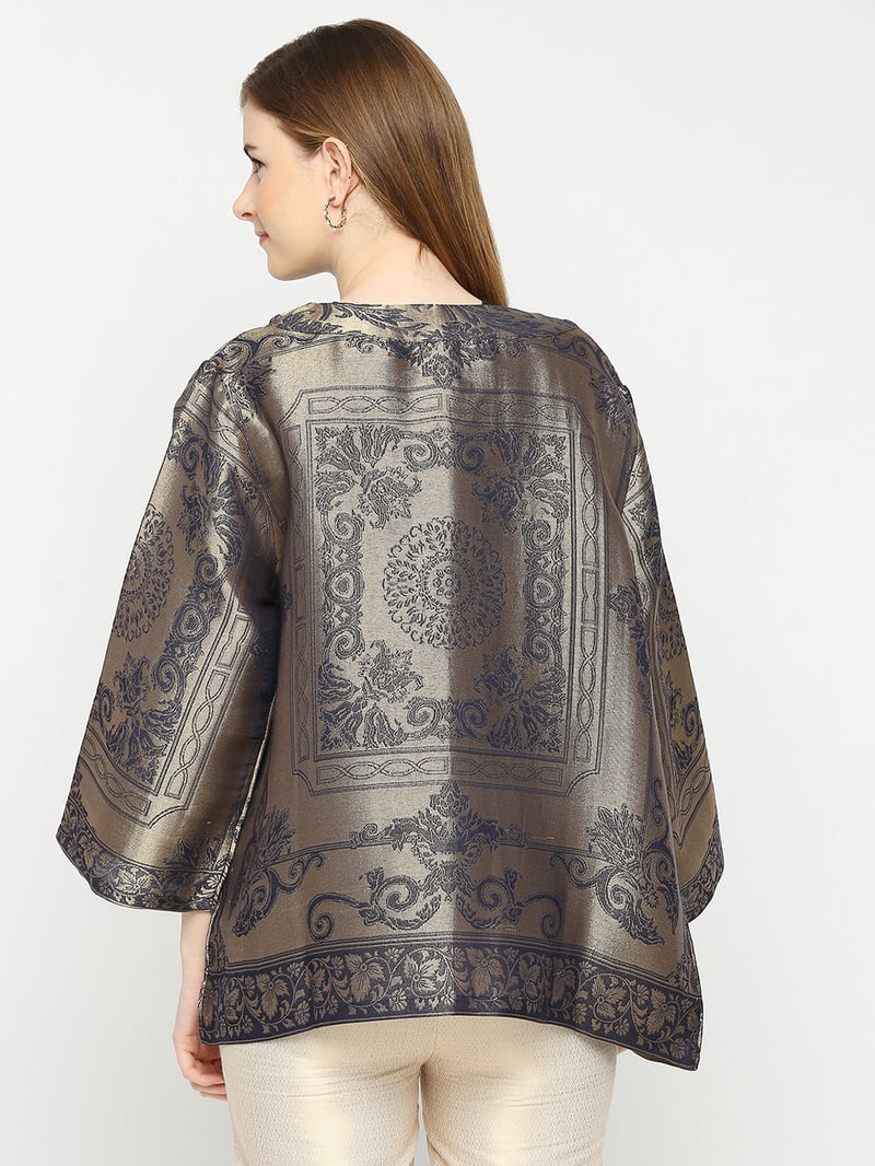 Navy Blue Metallic Brocade Kimono Jacket