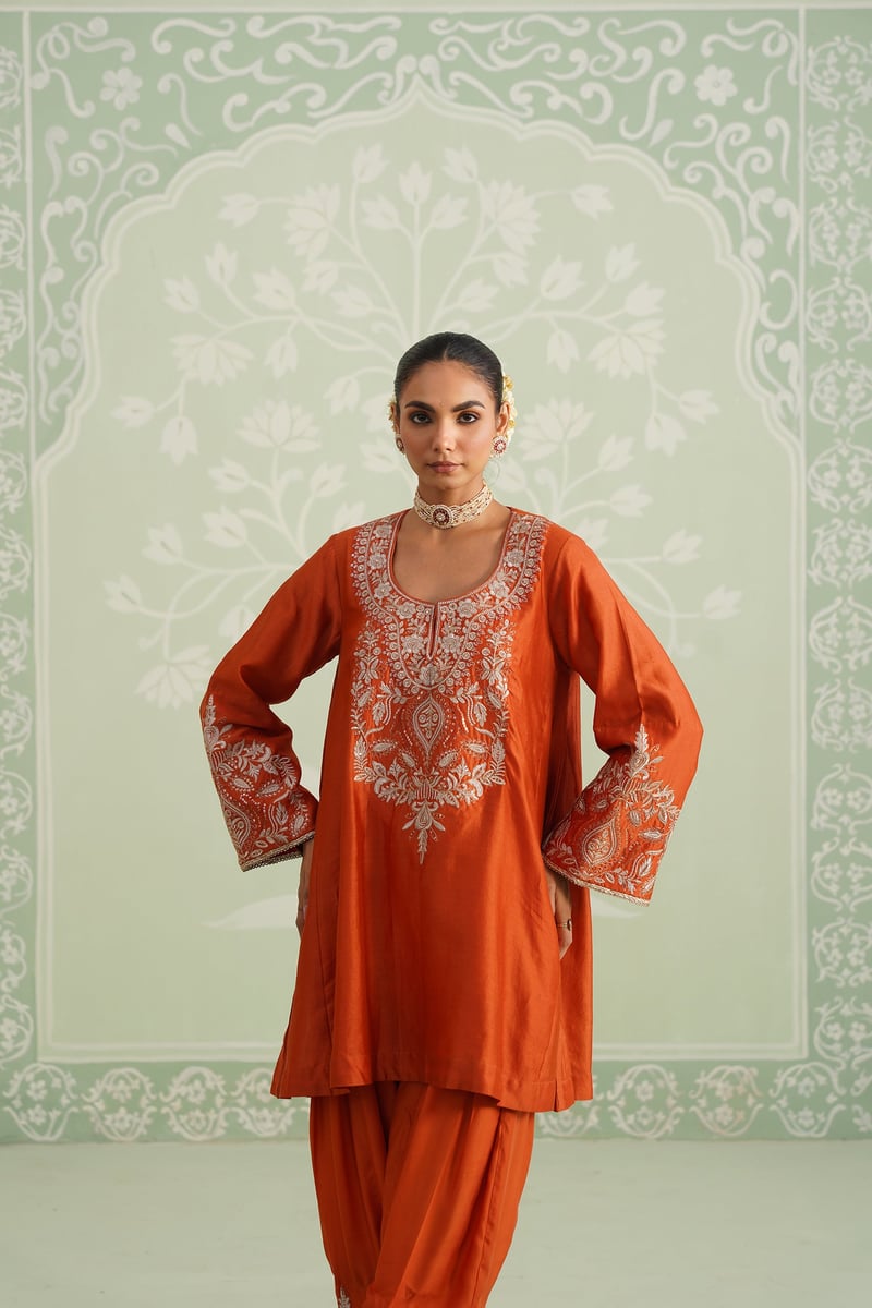 Orange Embroidered Chanderi Kurta Set with Salwar