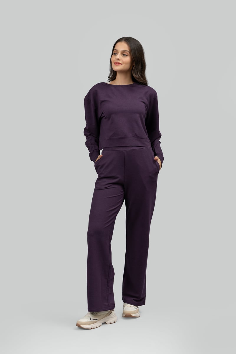 Plum Cotton Terry Wide-Leg Trackpants