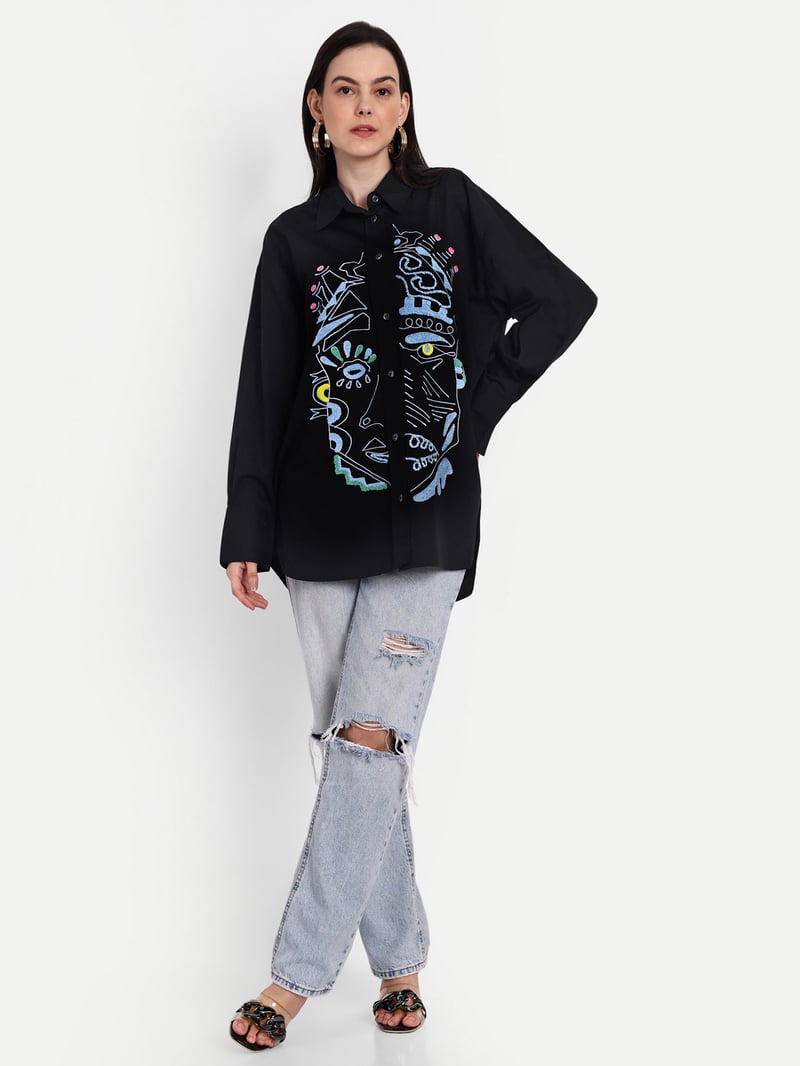 Black Oversized Embroidered Button-Down Shirt