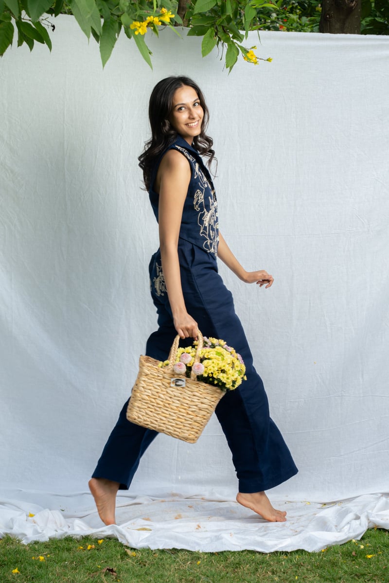 Inkwell Navy High-Rise Straight-Leg Linen Trousers