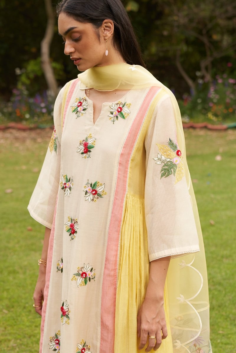 Beige A-Line Embroidered Kurta Set With Organza Dupatta