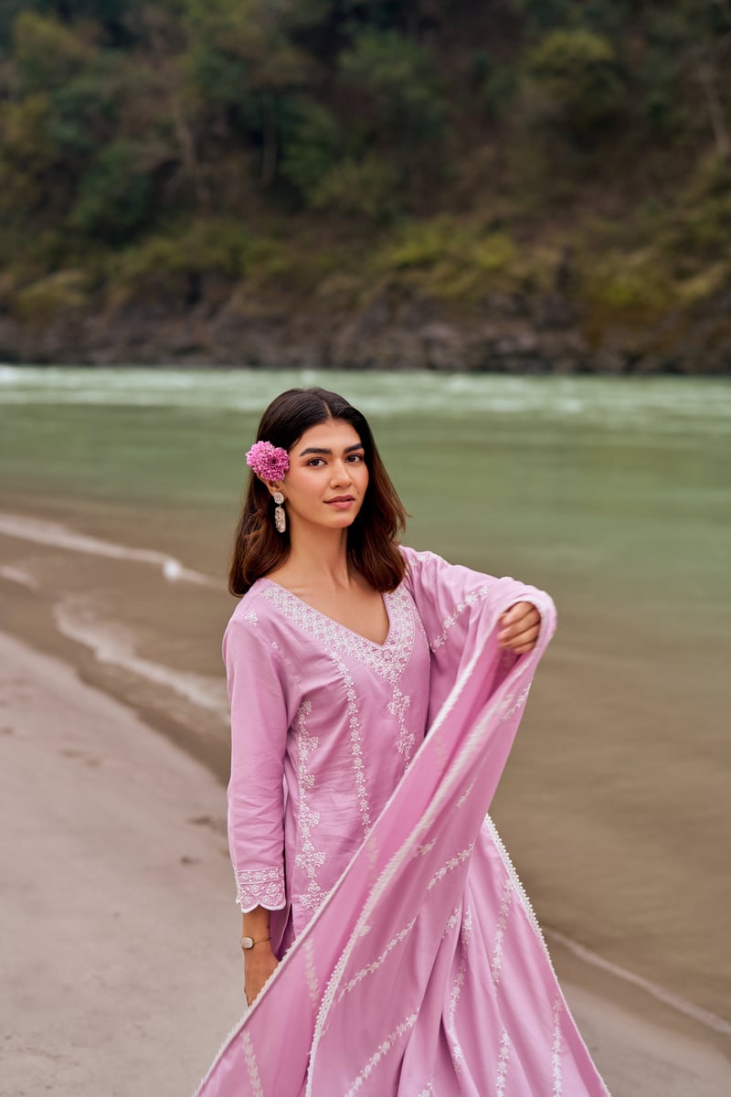 Lavender Cotton Embroidered Straight Kurta Set with Dupatta
