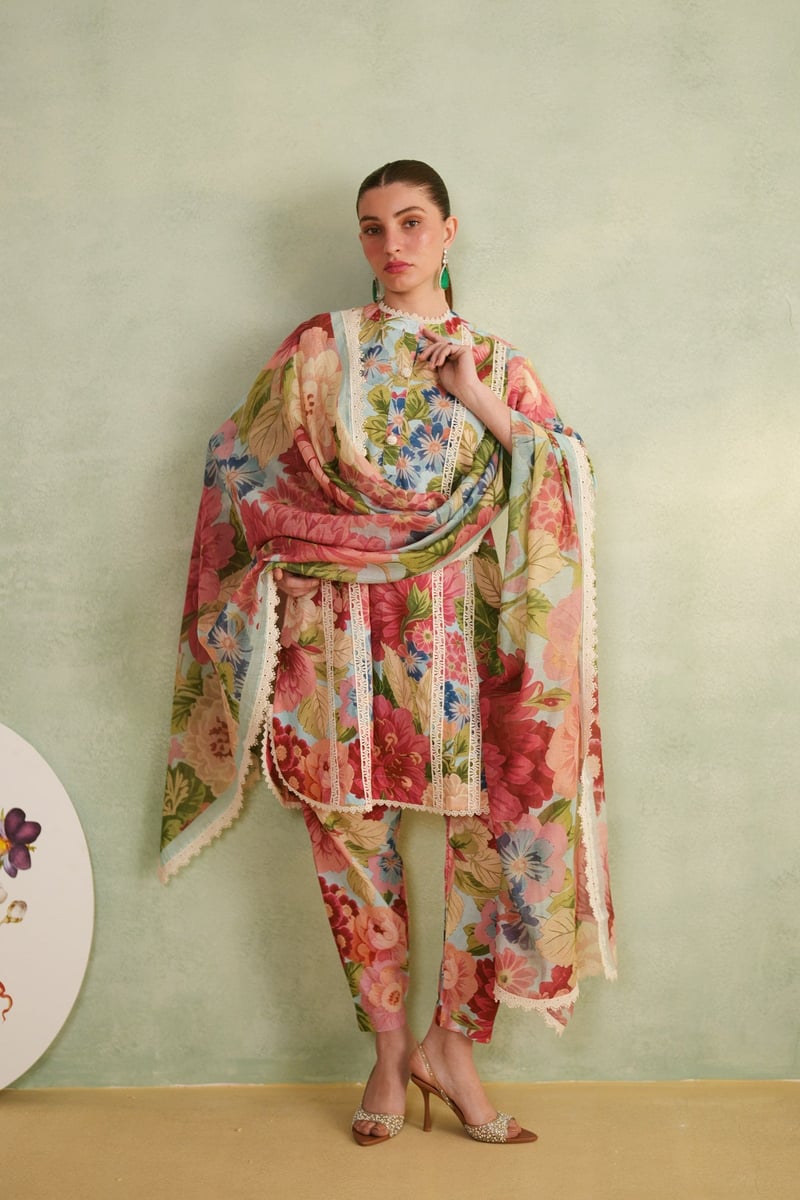 Multicolor Floral Cotton Lawn Suit Set With Lace Trim