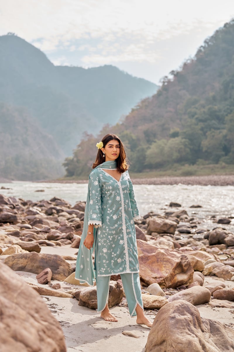 Blue Cotton Embroidered Kurta Set with Dupatta