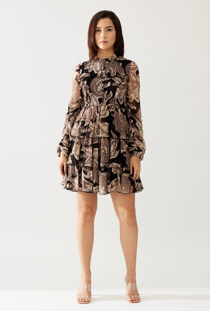 Dark Brown And Cream Floral Short Dress — KoAi