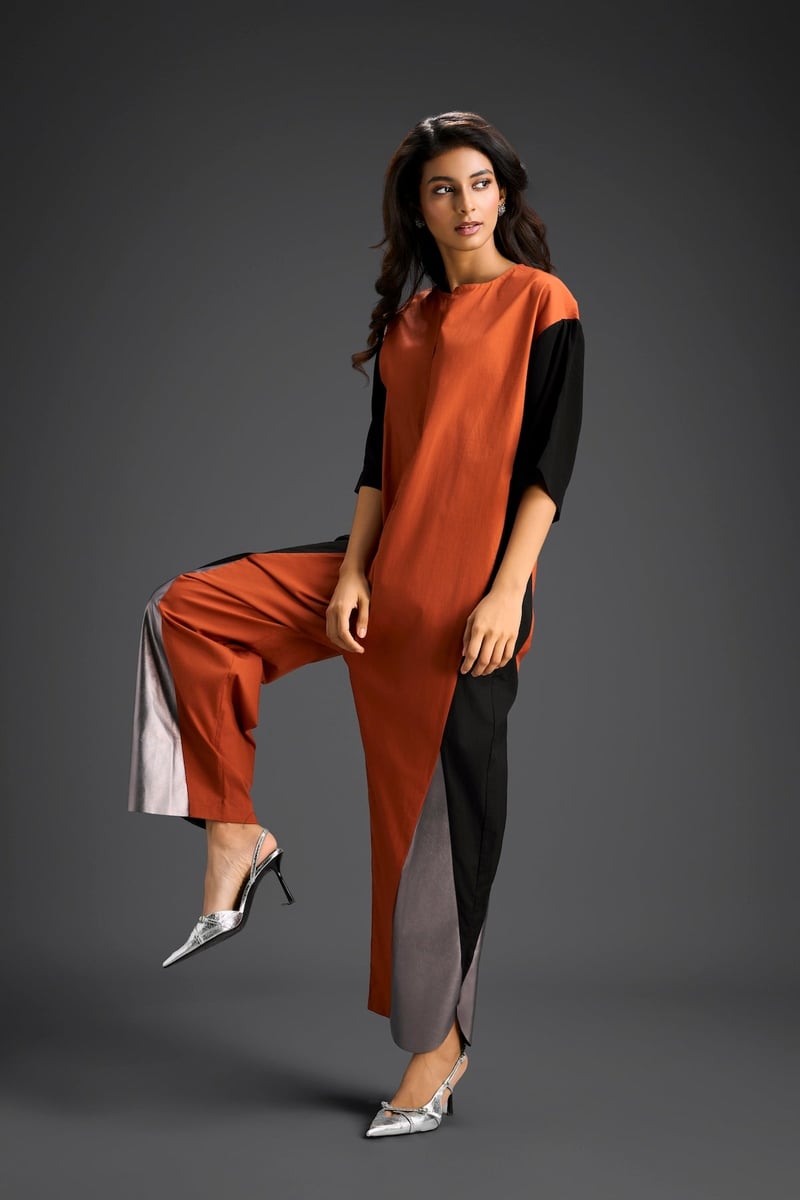 Rust Colorblock Jumpsuit with Metallic Panel Detail
