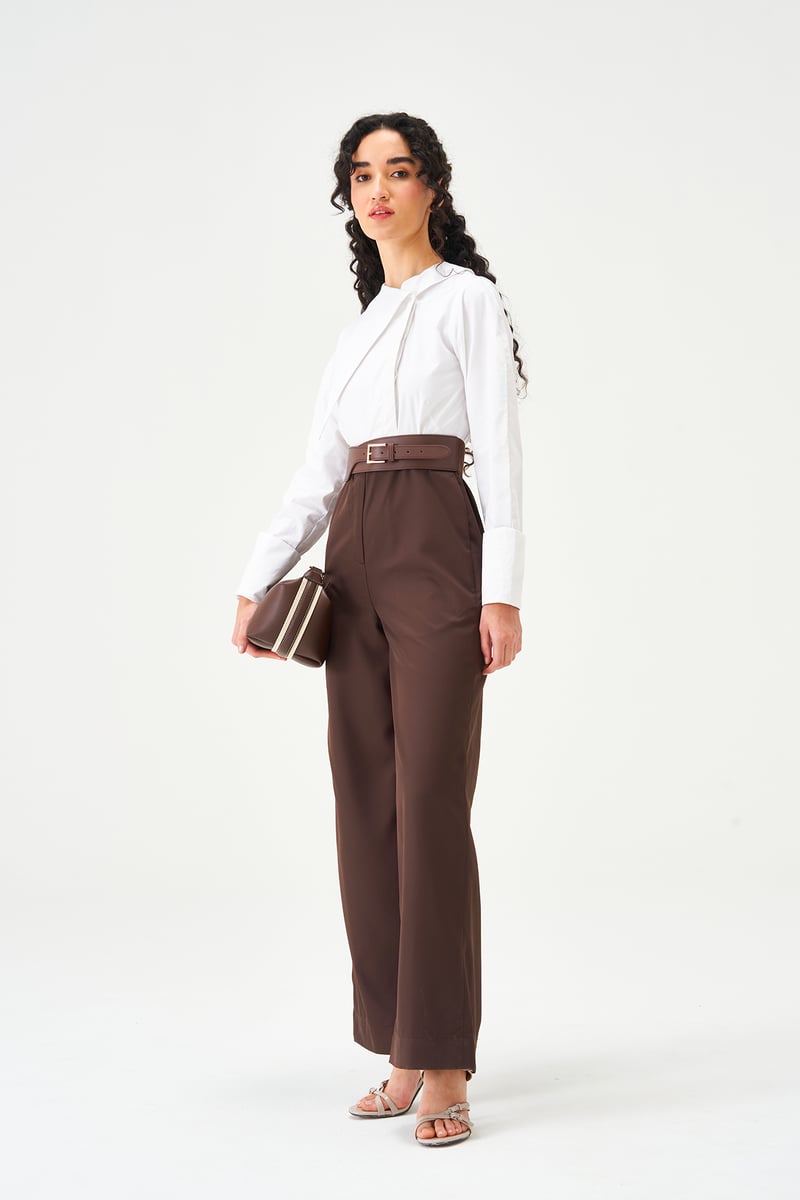 White and Brown Colorblocked Belted Wide-Leg Jumpsuit
