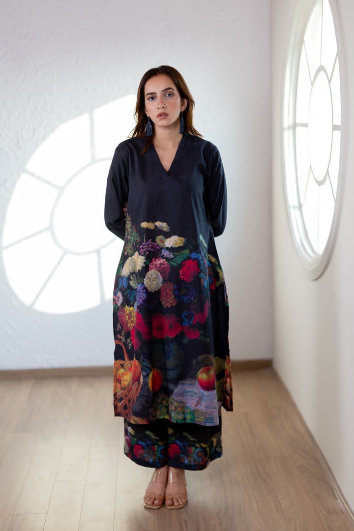 Black Printed A-Line Kurta Set with V-Neck