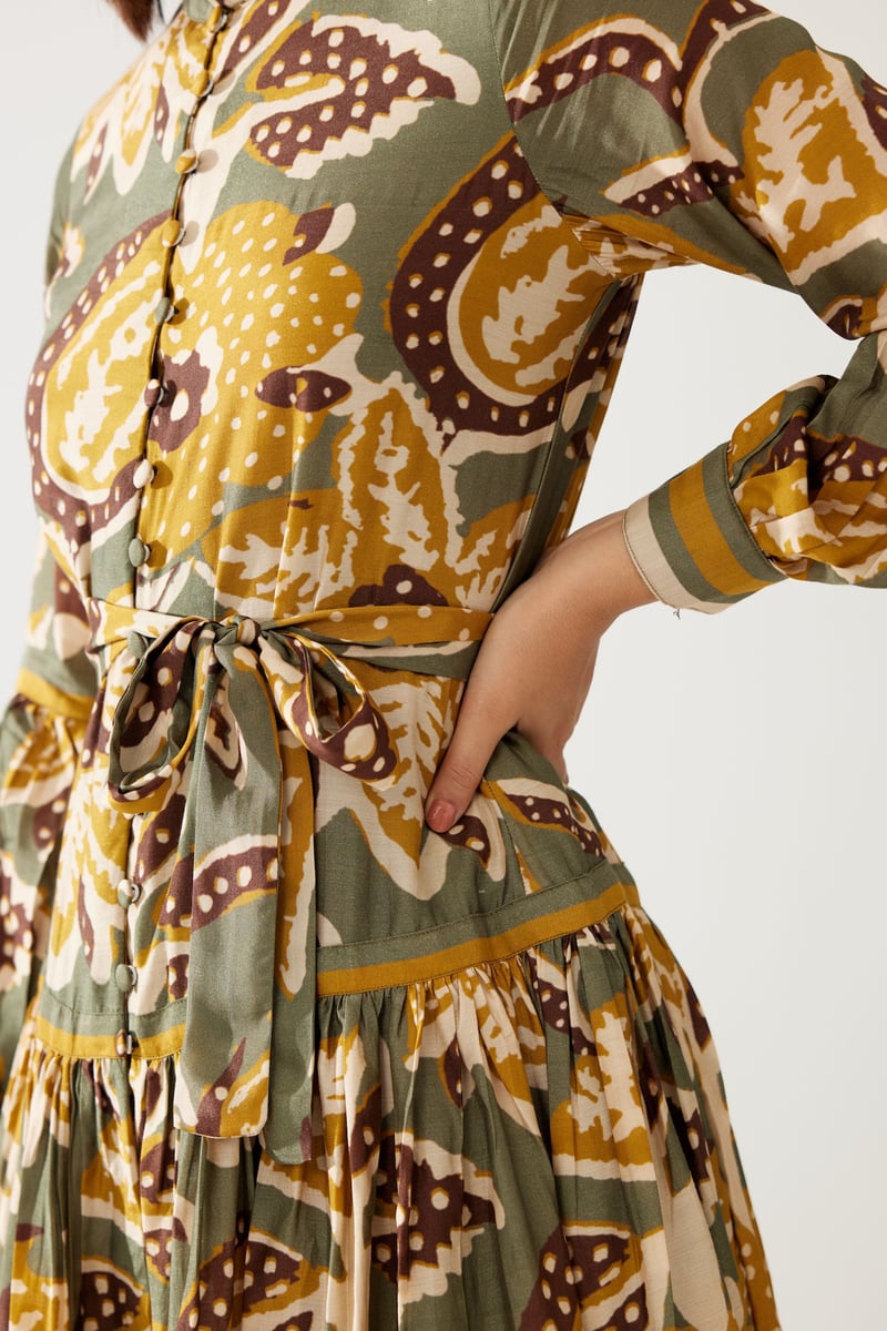 Olive And Mustard Floral Short Dress