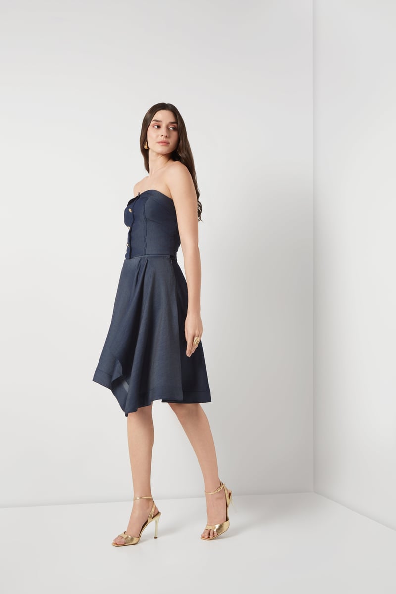 Navy Tencel Denim Drape Knee-Length Skirt