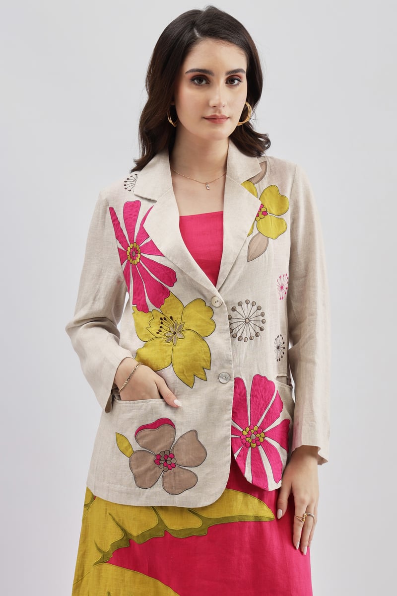 Beige Linen Floral Print Tailored Blazer — Linen Bloom
