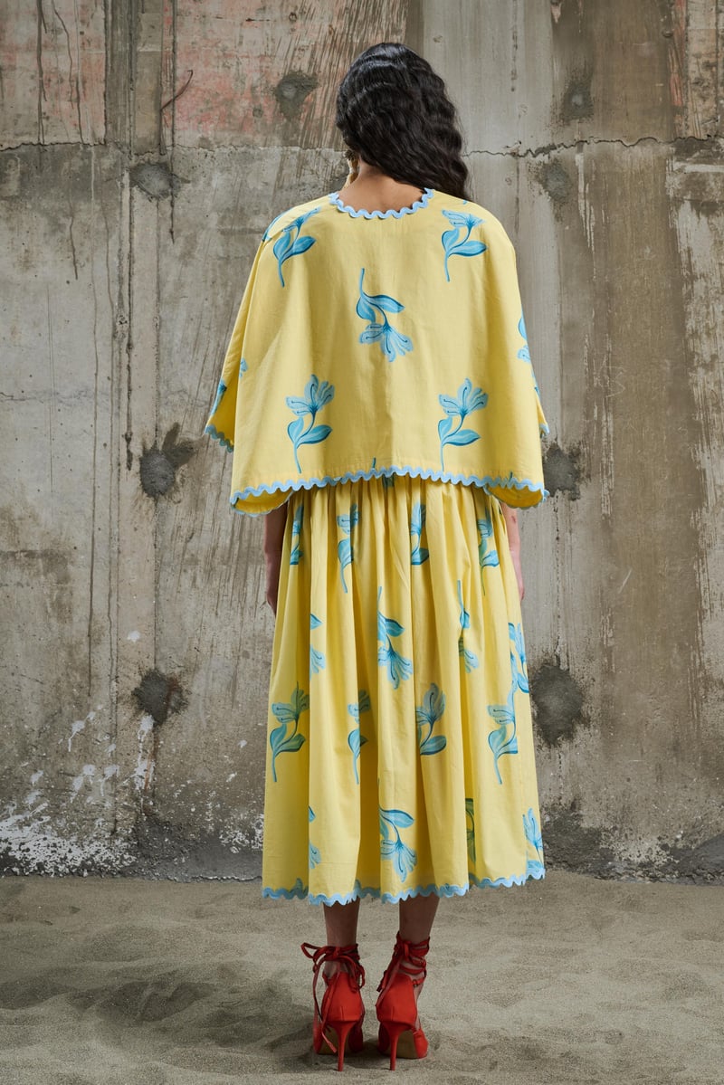 Yellow Floral Printed High-Waist Midi Skirt