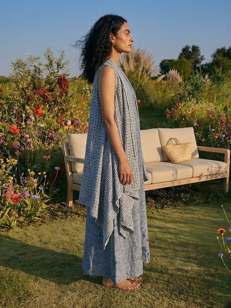 Blue Cotton Linen Square Neck Wide-Leg Jumpsuit