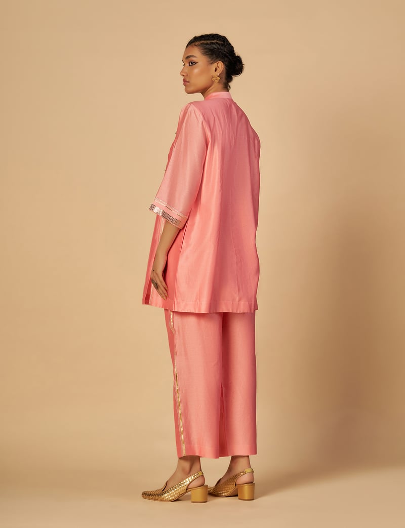 Pink Silk Chanderi Boxy Shirt with Gota and Sequin Work
