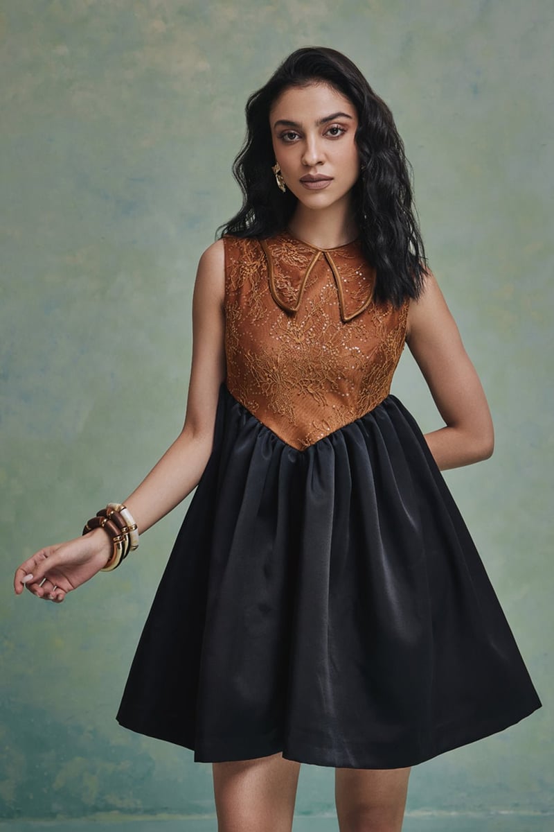 Black and Gold Two-Tone Lace Bodice Mini Dress