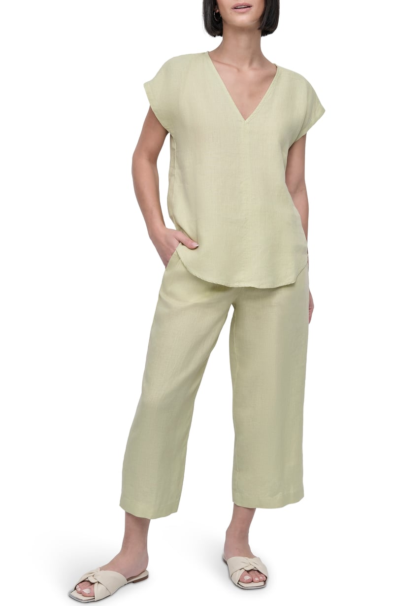 Tea Green Linen V-Neck Half Sleeve Pullover Top