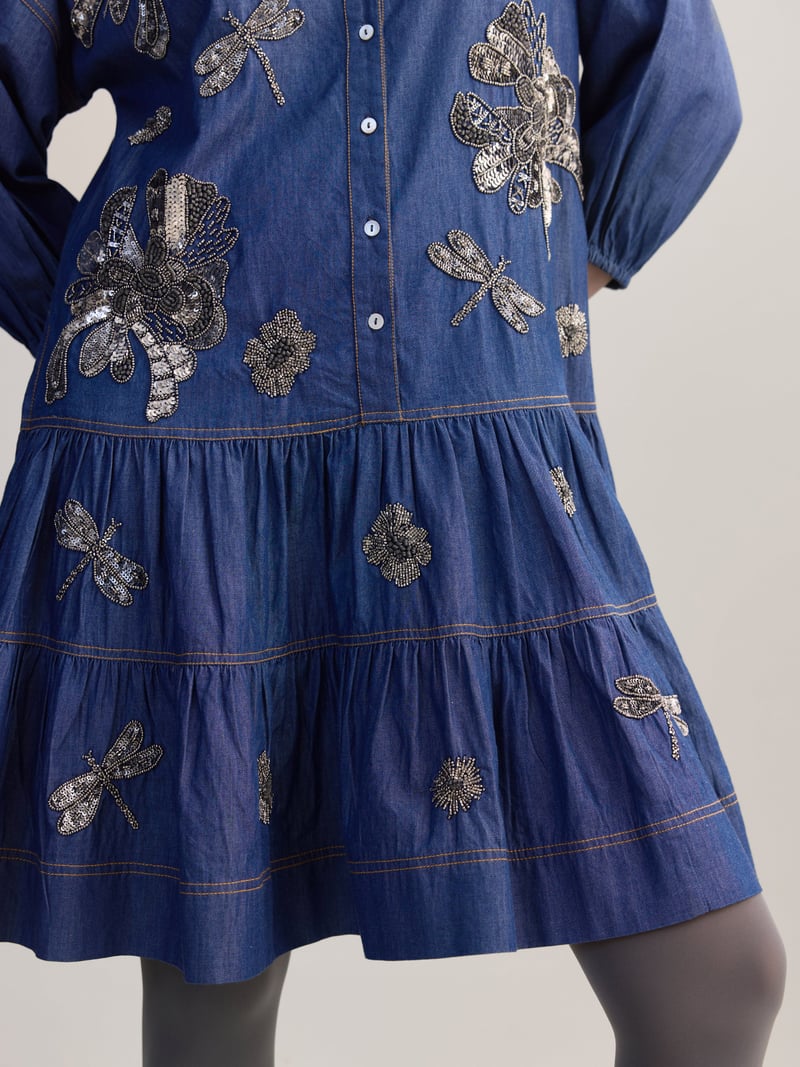 Blue Denim Embellished Tiered Midi Shirt Dress
