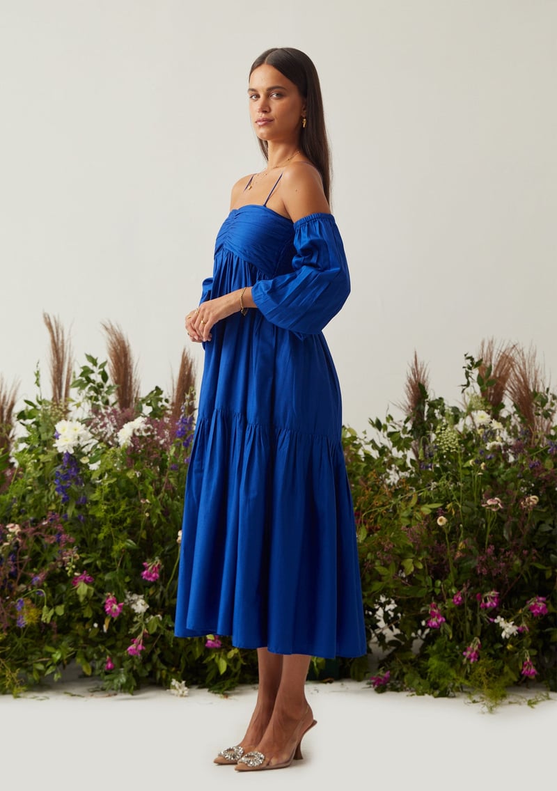 Royal Blue Tiered Midi Dress with Detachable Sleeves