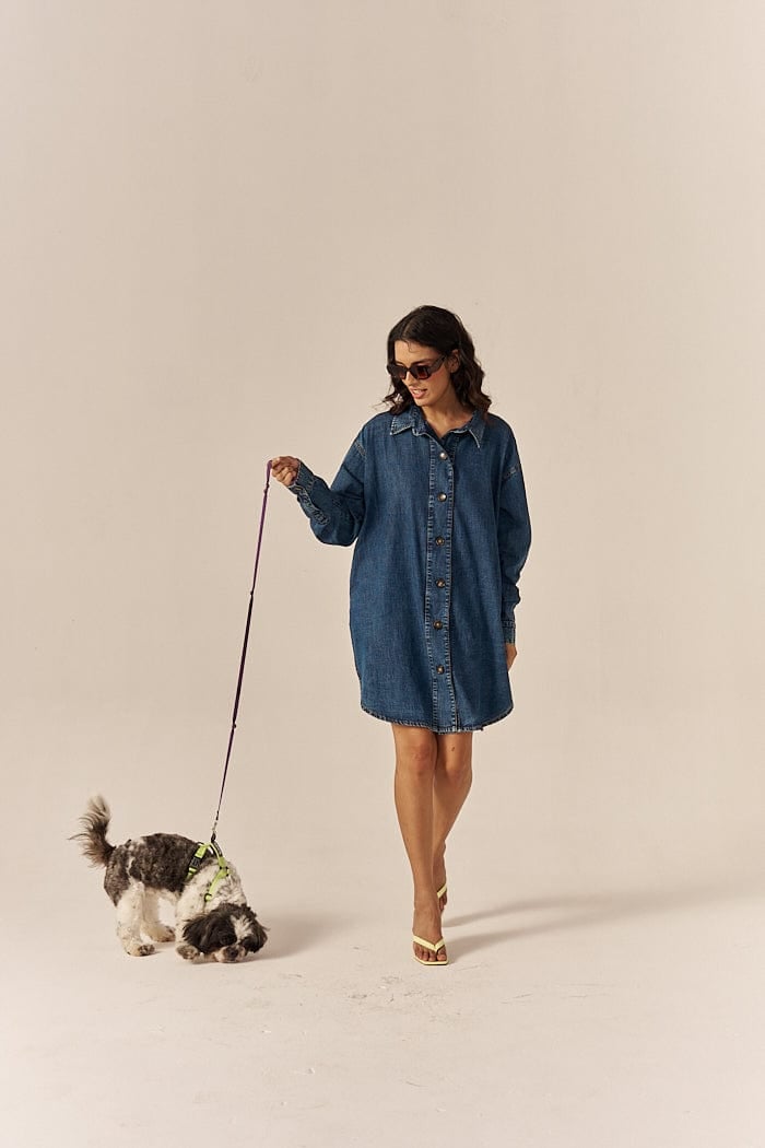 Blue Denim Relaxed Shirt Dress with Pockets