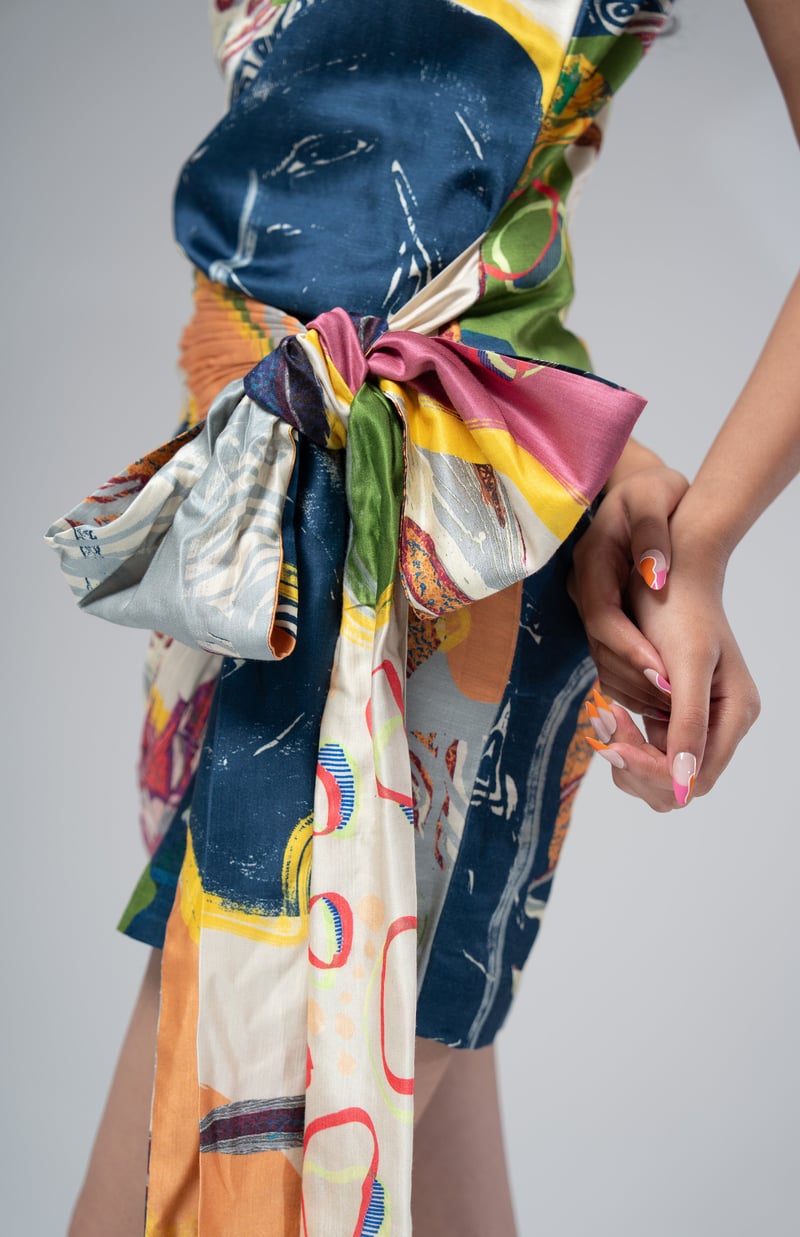 Multicolour Abstract Printed Tie-Up Mini Dress