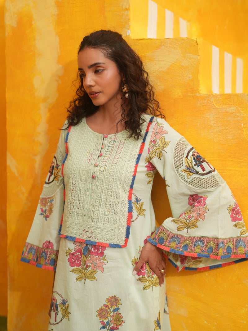 Cool Mint Printed Cotton Kurta Set with Bell Sleeves