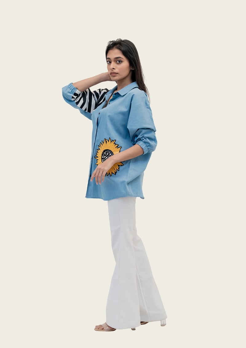 Blue Cotton Denim Shirt with Embroidery