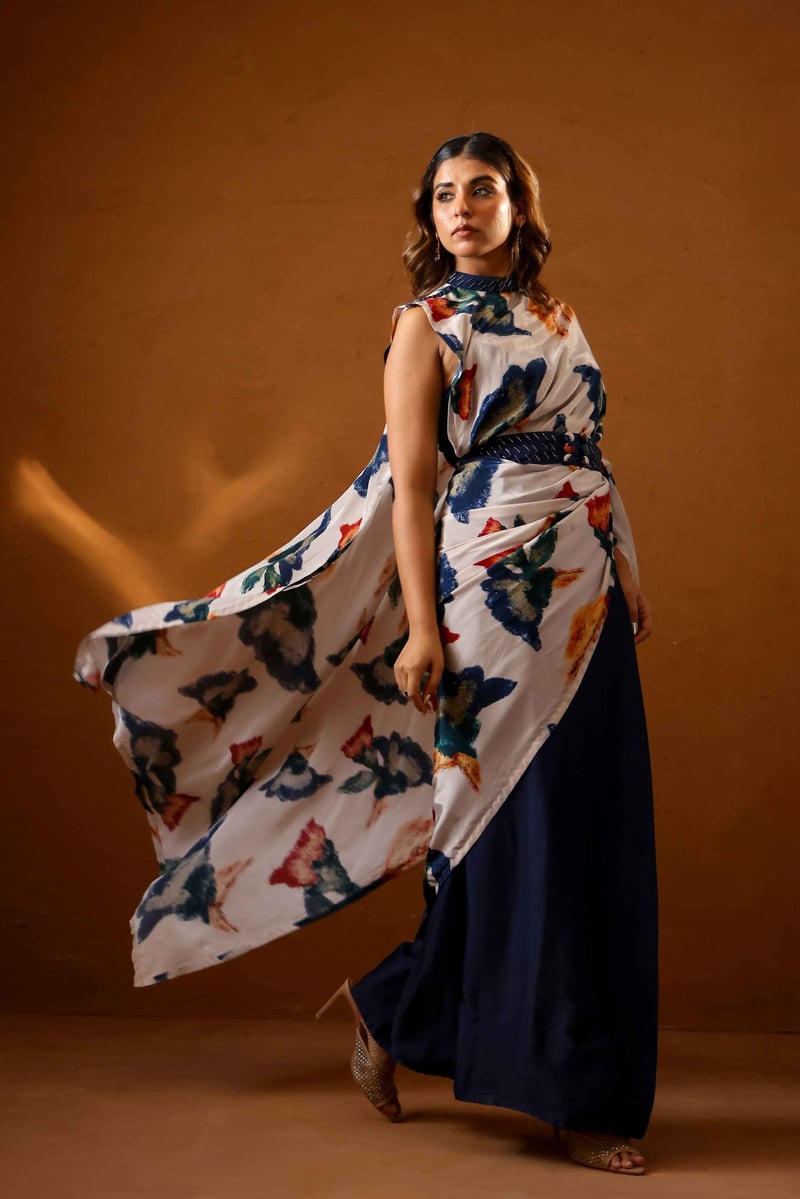 Multicolor Abstract Printed Draped Saree Set with Belt