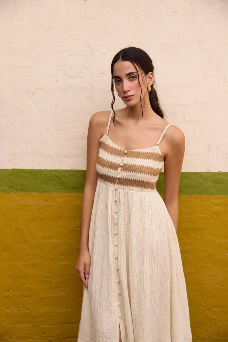 Brown and Ivory Button-Down Maxi Dress with Lace Bodice
