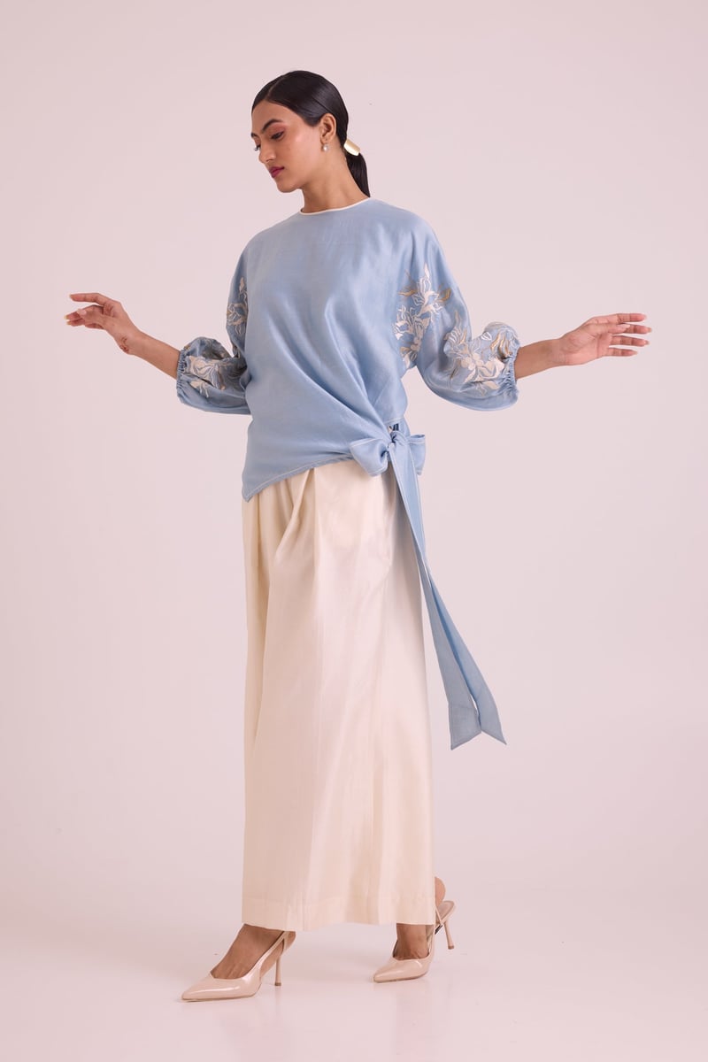 Blue Chanderi Silk Tie-Up Top with Embroidered Sleeves