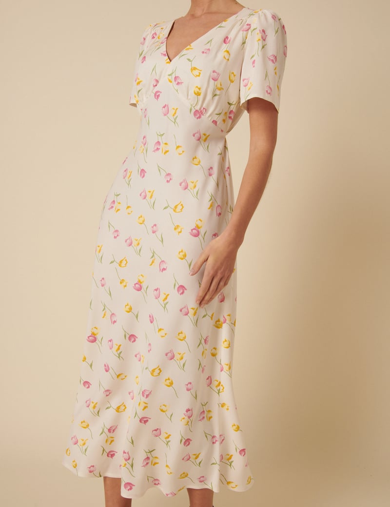 Cream Floral Wrap Midi Dress