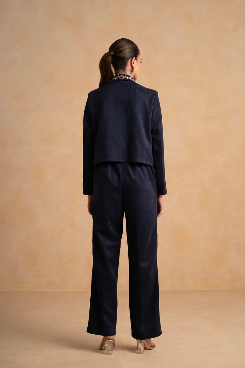 Night Blue Suede Embellished Jacket and Pant Co-ord Set