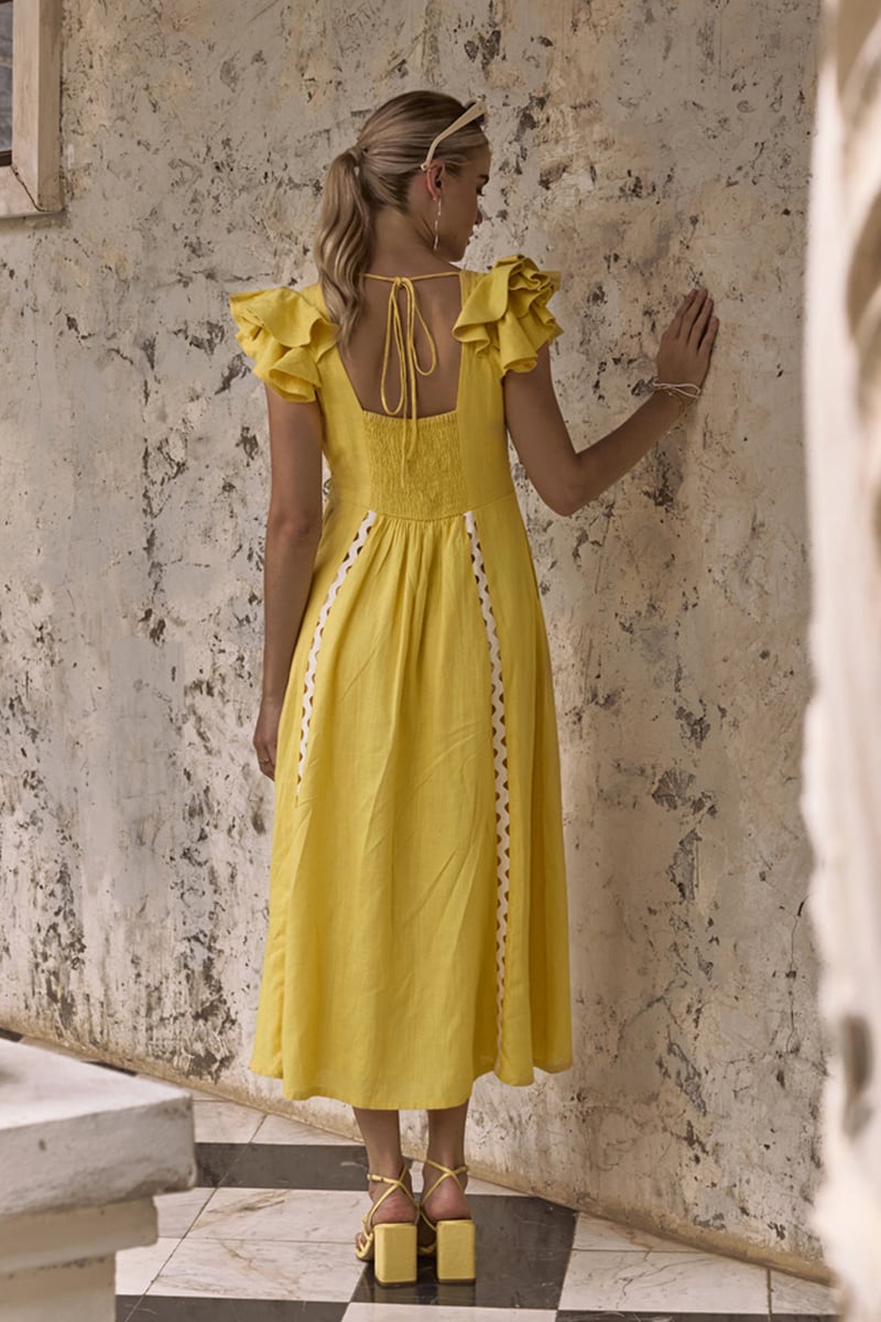 Sunkissed Yellow Linen Embroidered A-Line Midi Dress