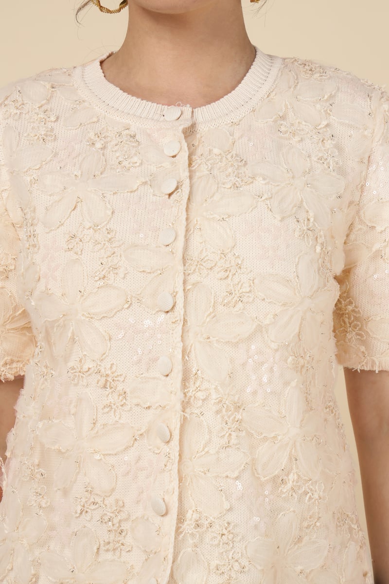 Beige Floral Textured Button-Front Cardigan