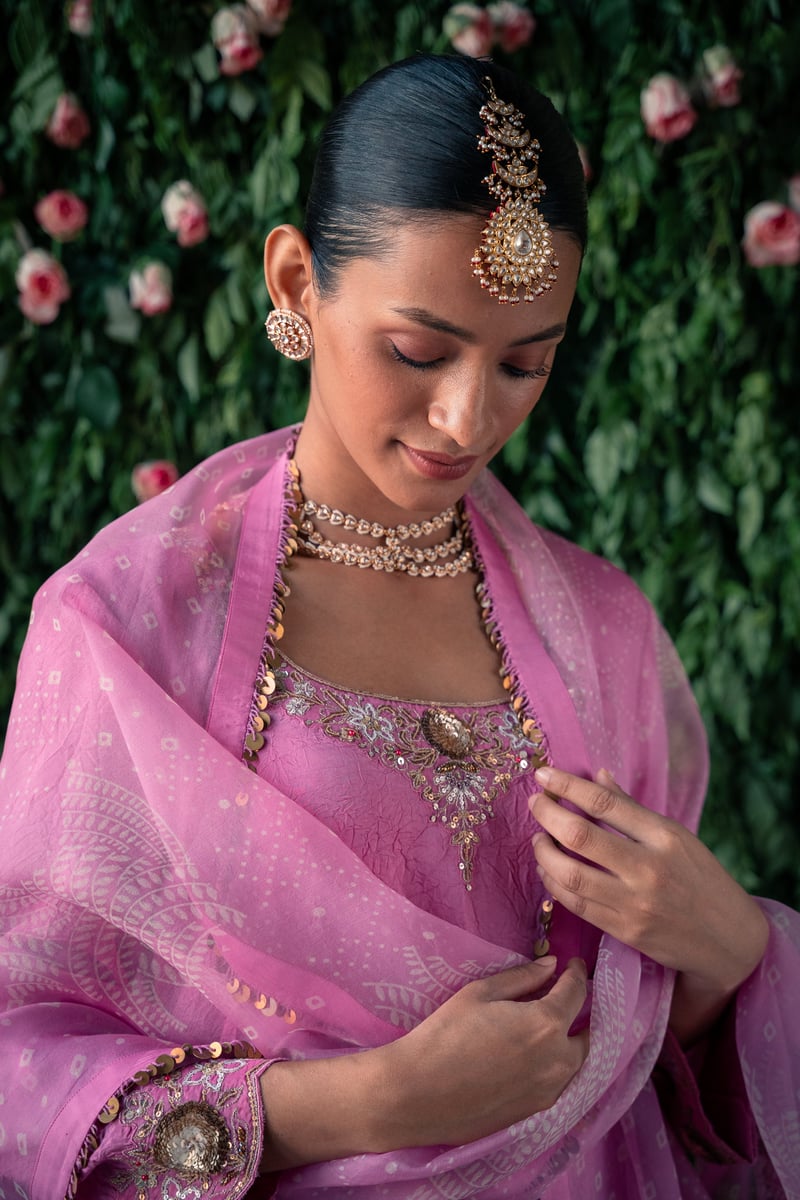 Pink Crushed Silk Embroidered Kurta Set with Dupatta