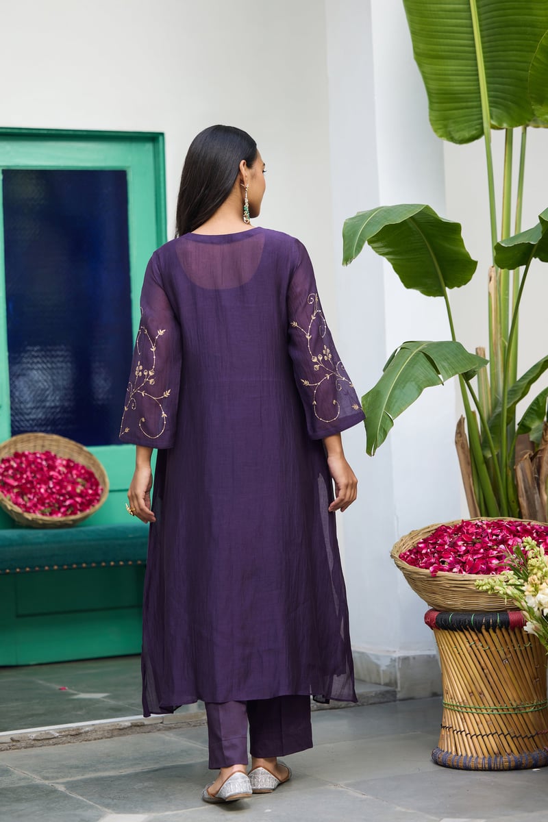 Baingain Silk Chanderi Embroidered Kurta Set