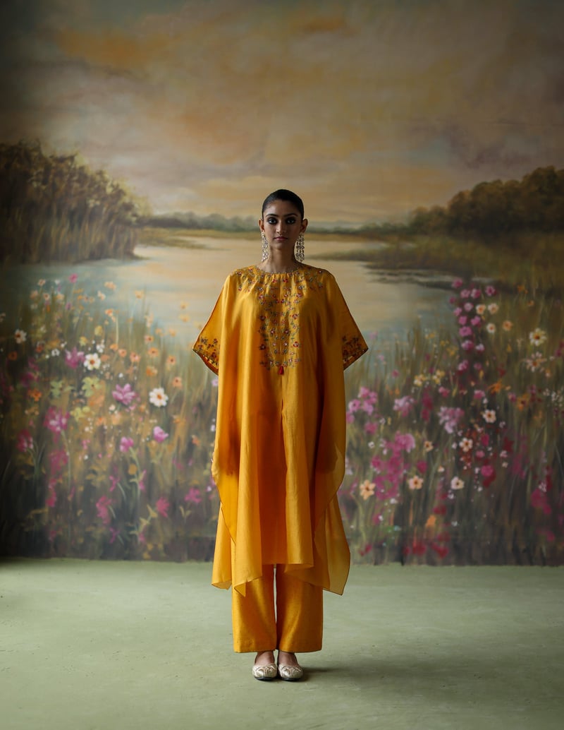 Turmeric Silk Chanderi Kaftan Co-ord Set with Slip