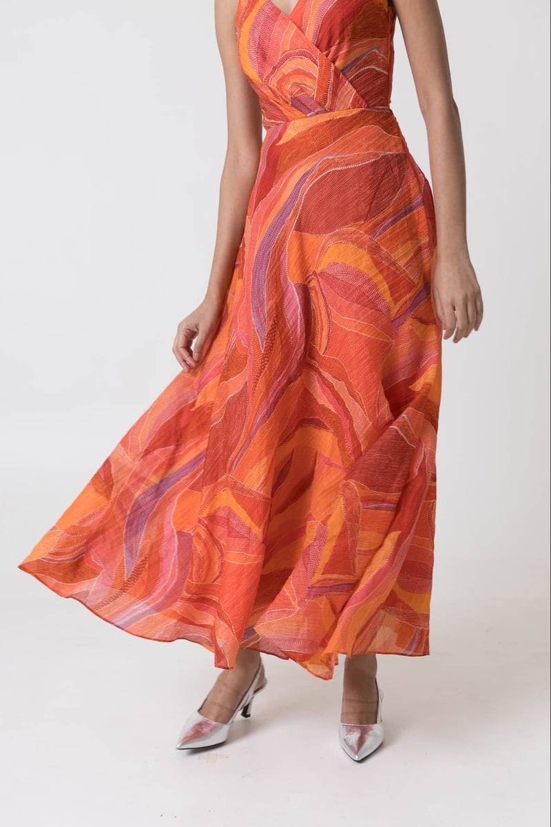 Orange Multicolor Abstract Print Fit and Flare Midi Dress