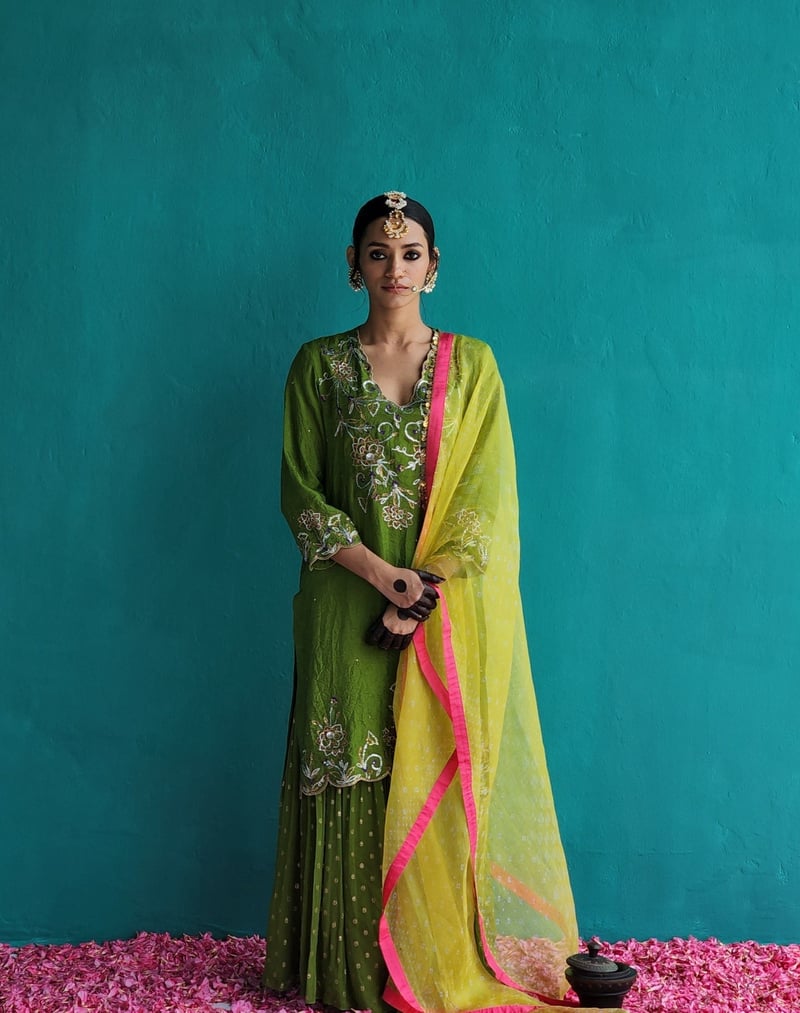 Mehendi Green Embroidered Kurta Sharara Set with Dupatta — Pooja Singhal