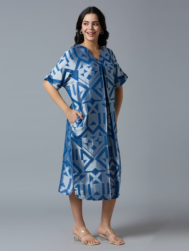 Denim Blue/Silver Geometric Brocade Midi Dress