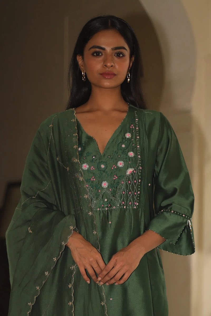Bottle Green Chanderi Embellished Yoke Kurta Set
