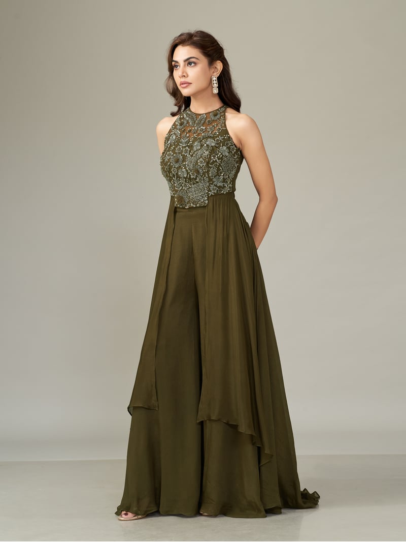 Green Embellished Halter Co-ord Set with Wide-Leg Pants