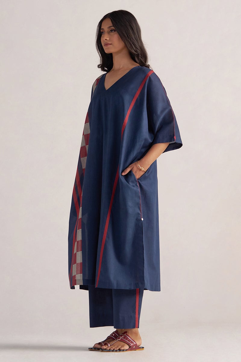 Navy Blue Printed Kaftaan Co-ord Set with Wide-Leg Pants