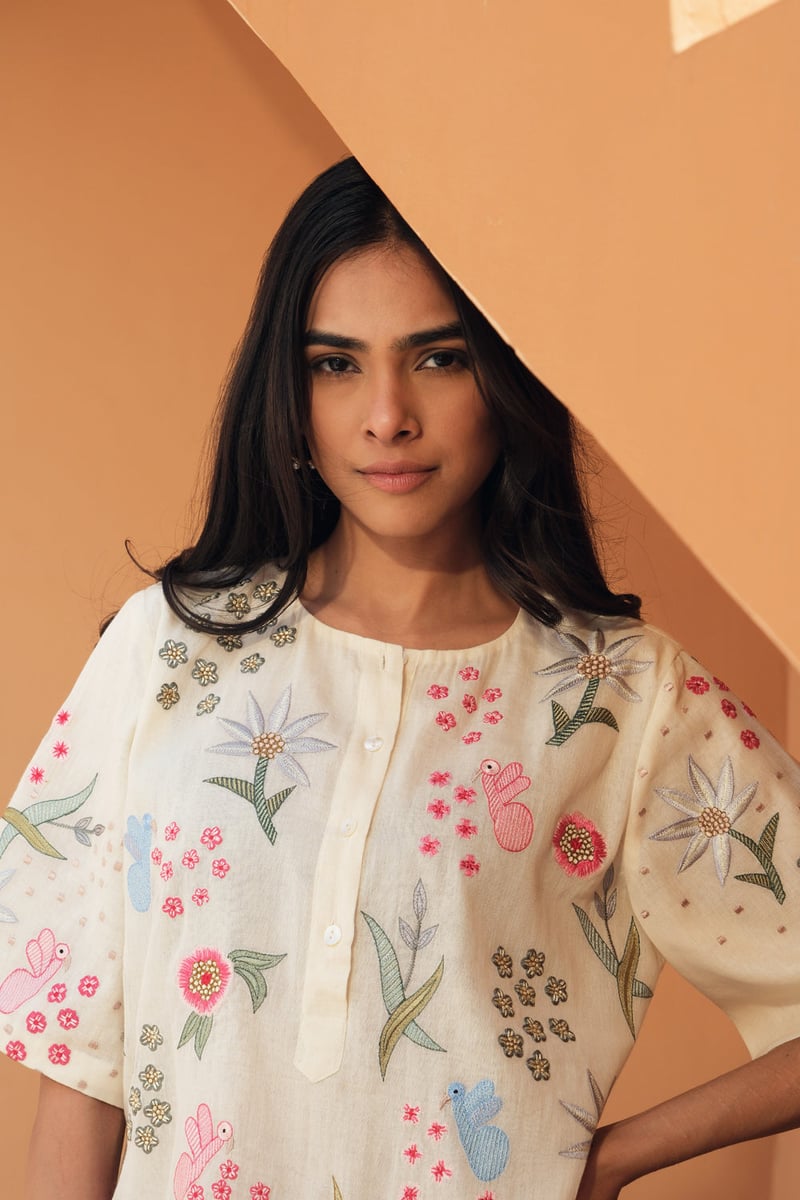 Ivory Embroidered Tunic and Wide-Leg Pants Co-ord Set