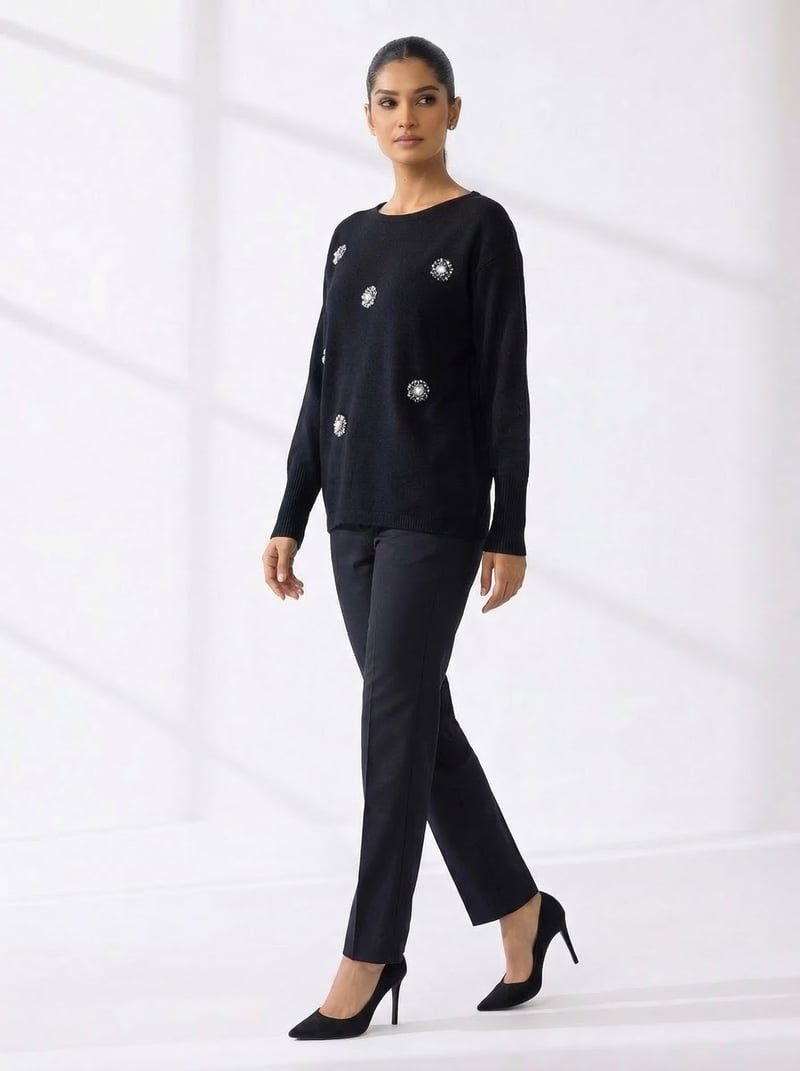 Black Embellished Crew-Neck Relaxed Fit Sweater