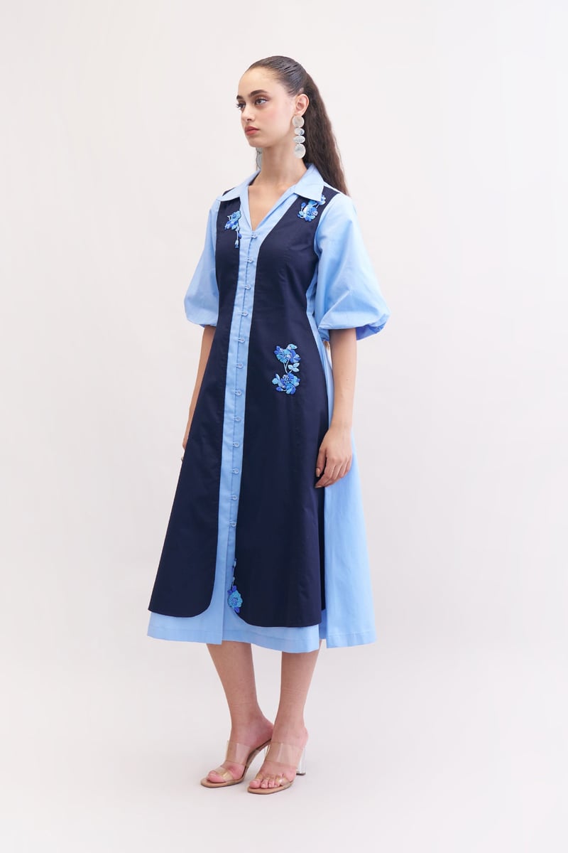 Navy and Blue Colorblocked Embroidered Midi Shirt Dress