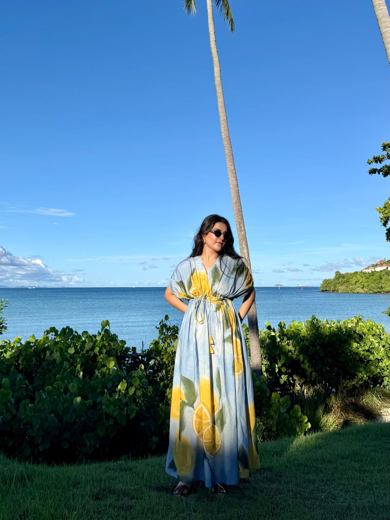 Blue Citrus Print Cotton Poplin Midi Dress with Waist Tie