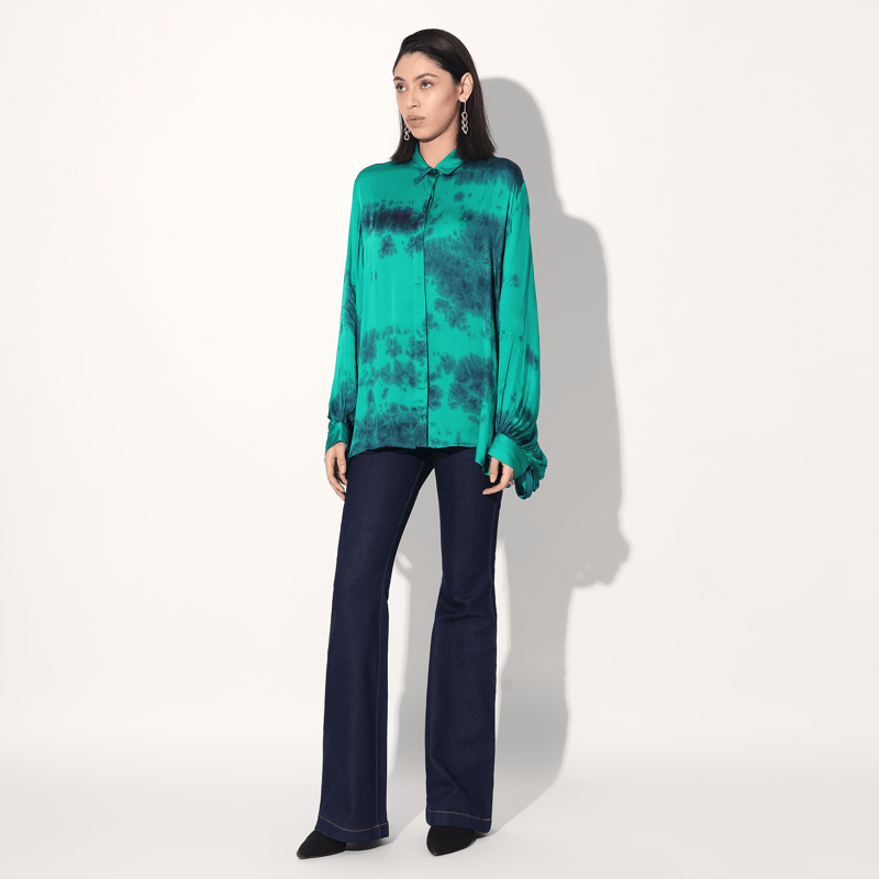 Green Tie-Dye Satin Balloon Sleeve Longline Shirt