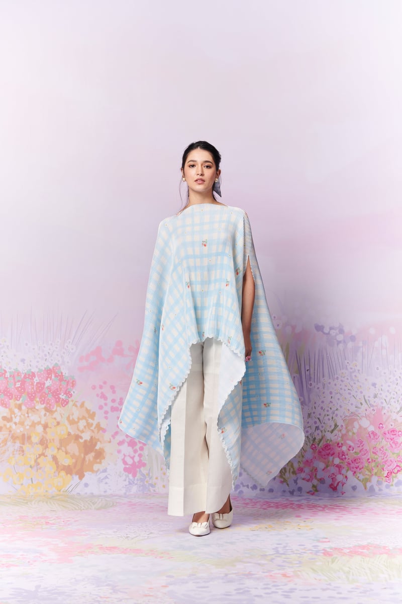 Blue/White Gingham Pleated Cape Overlay