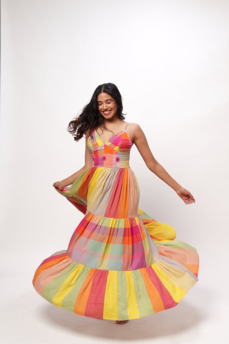 Multicolor Colorblocked Tiered Maxi Dress with Embroidery